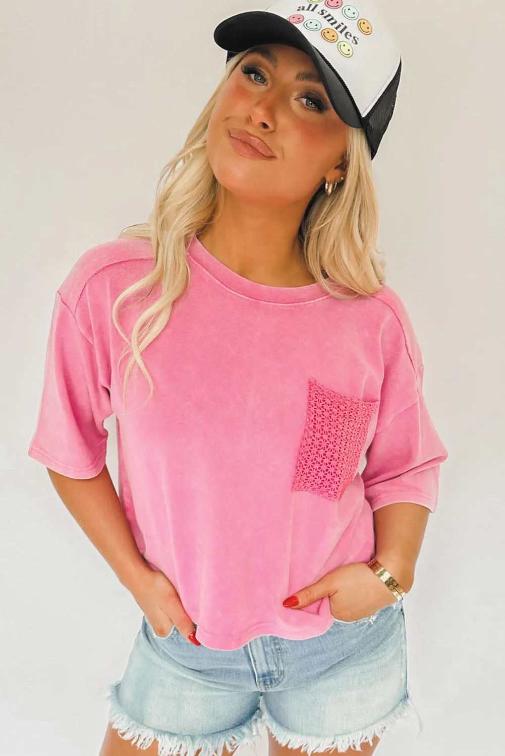 Pink Acid Wash Lace Patch Pocket T-Shirt