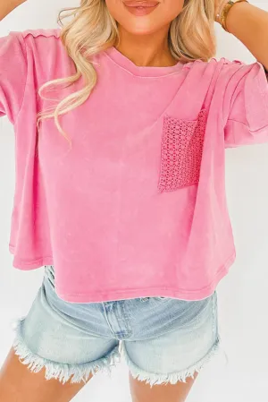 Pink Acid Wash Lace Patch Pocket T-Shirt