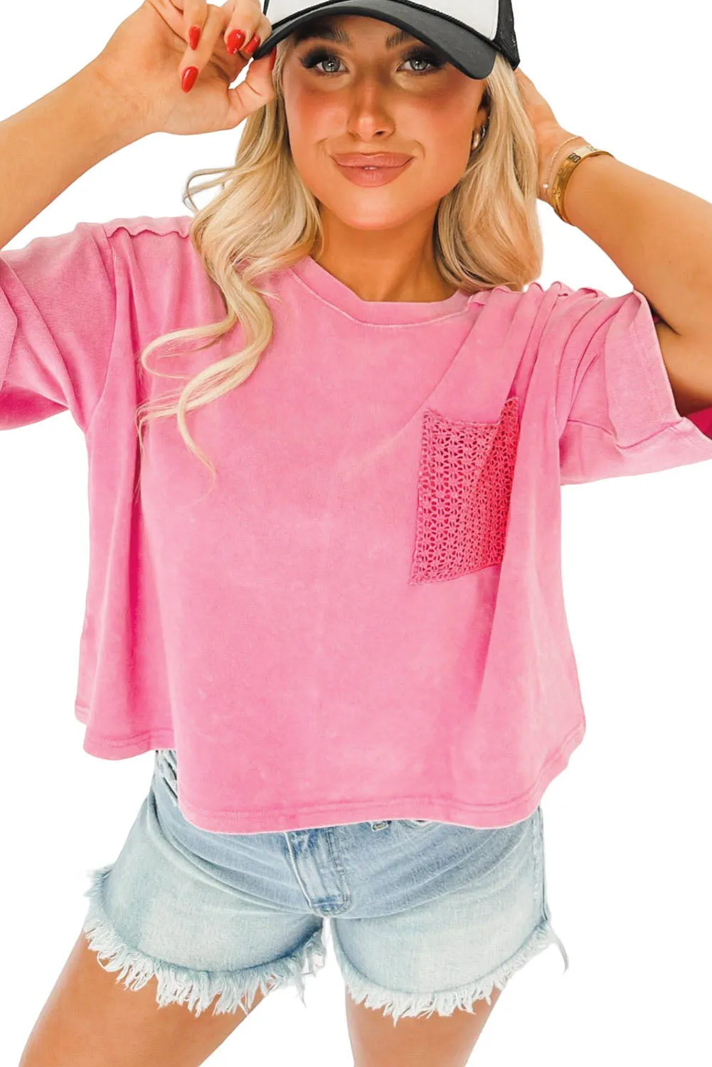 Pink Acid Wash Lace Patch Pocket T-Shirt