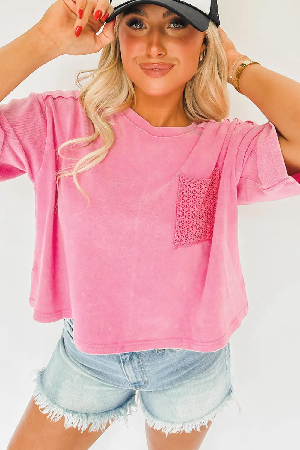 Pink Acid Wash Lace Patch Pocket T-Shirt