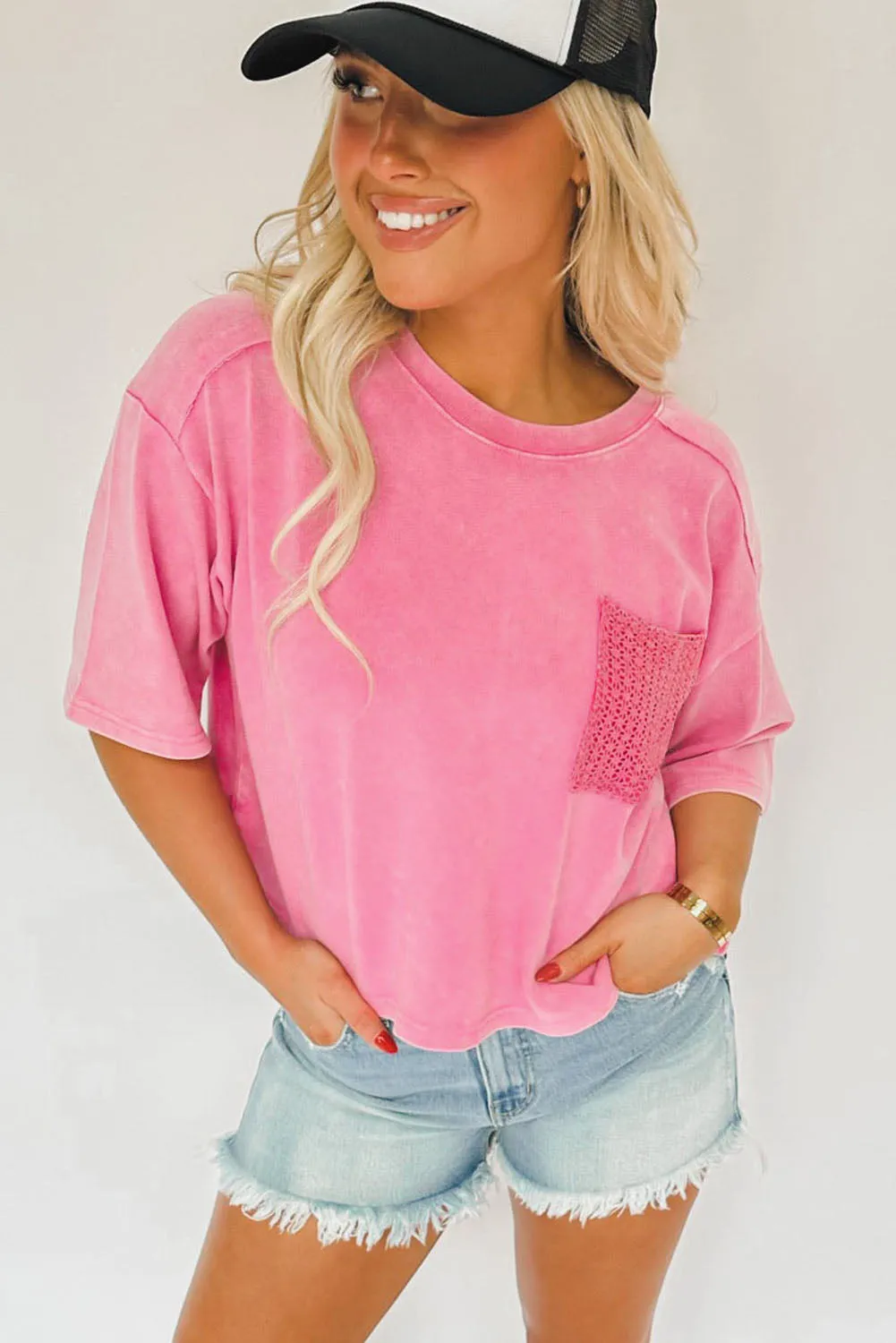Pink Acid Wash Lace Patch Pocket T-Shirt