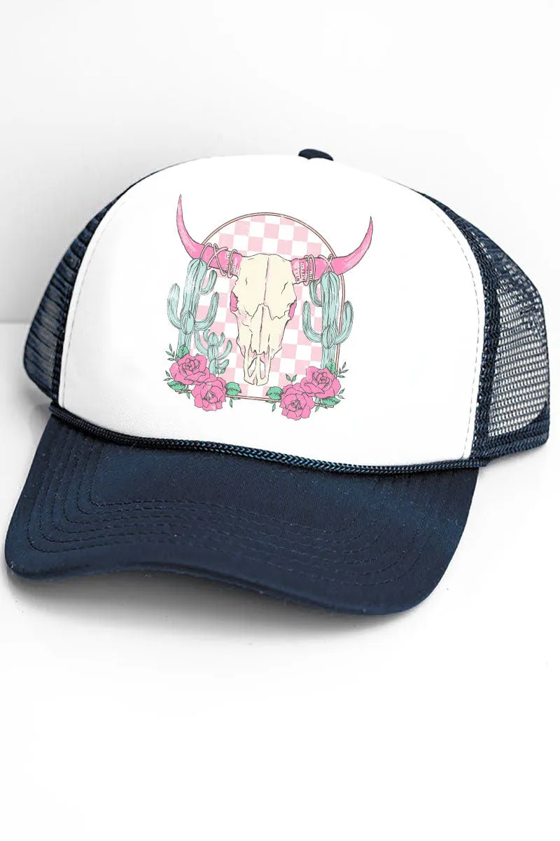 Pink Checkered Steer Foam Mesh Back Trucker Cap