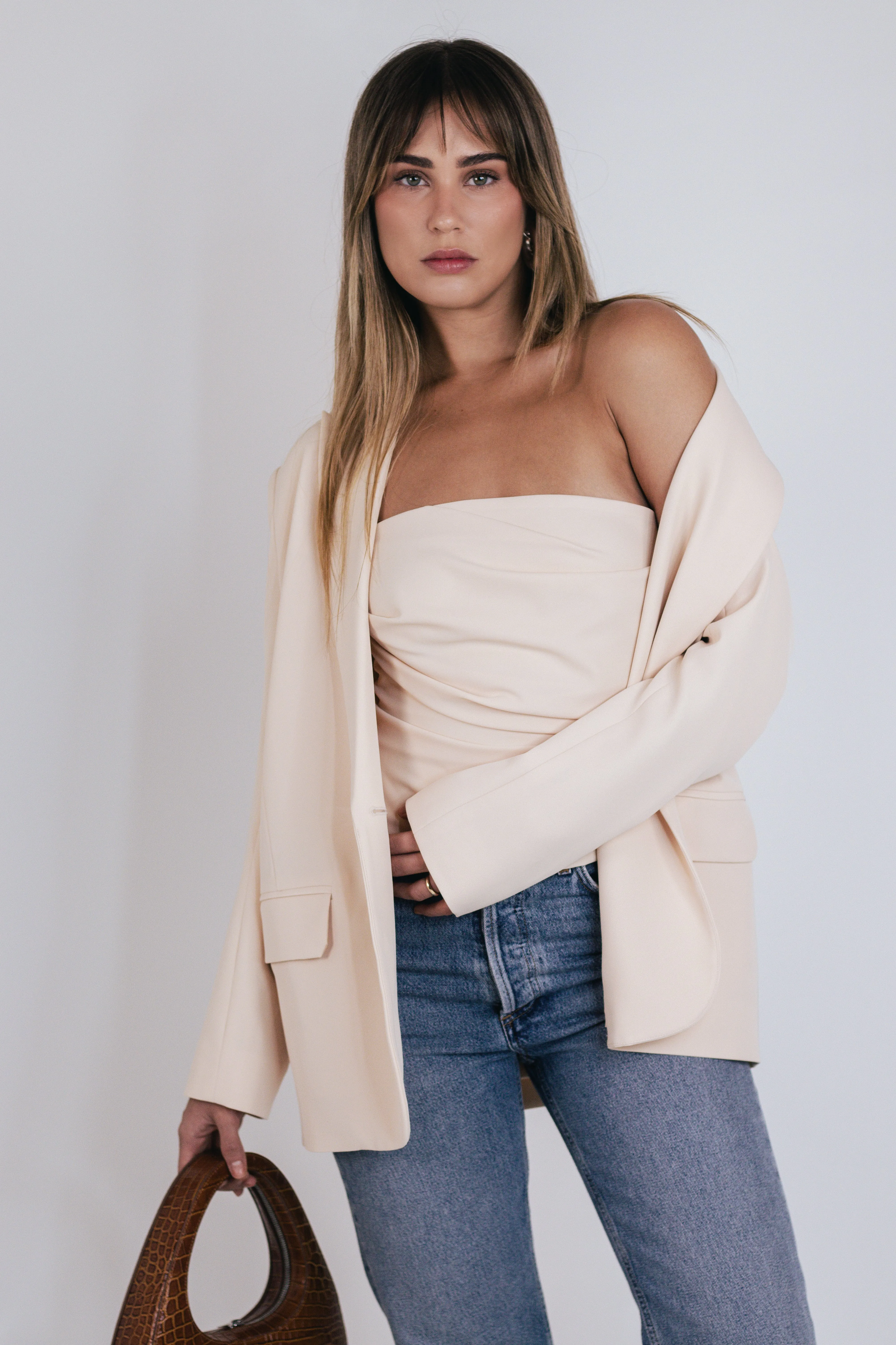 Pleated Crepe Bustier in Bisque