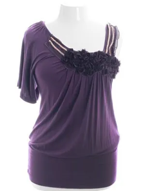 Plus Size Classic Ribbon Roses Beaded Purple Blouse