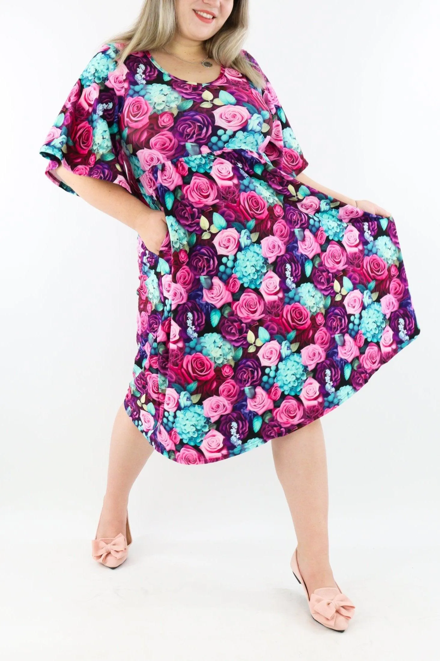 Premium Rose - Midi Length Dress - Mid Sleeve - Pockets