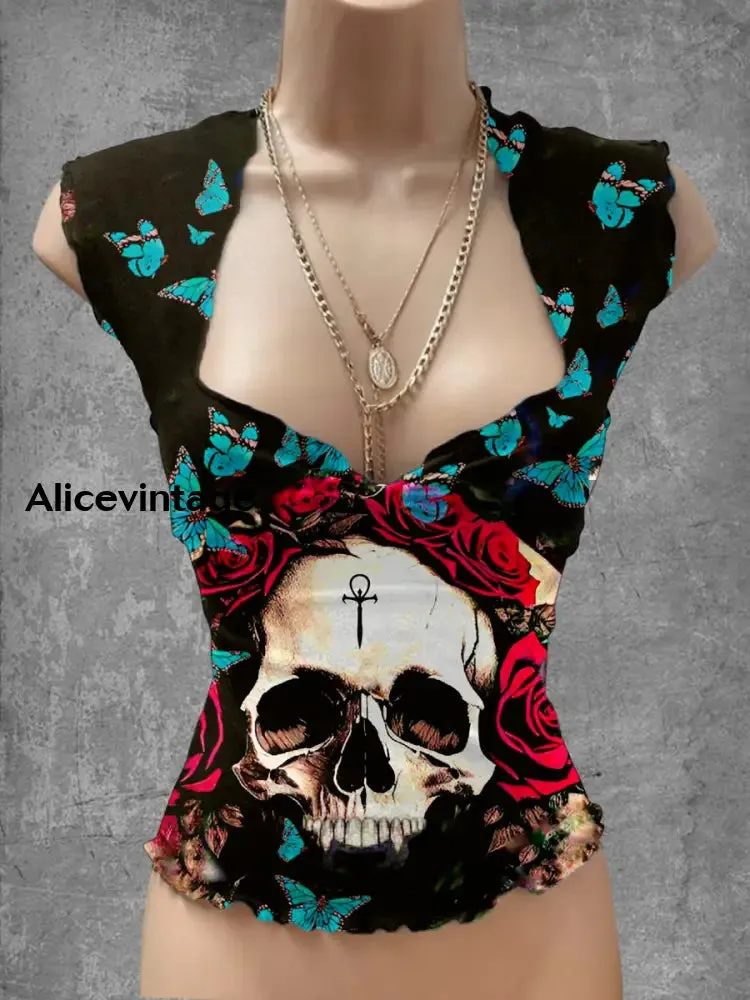 Punk Skull Art Print V-Neck Casual Top