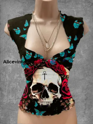 Punk Skull Art Print V-Neck Casual Top