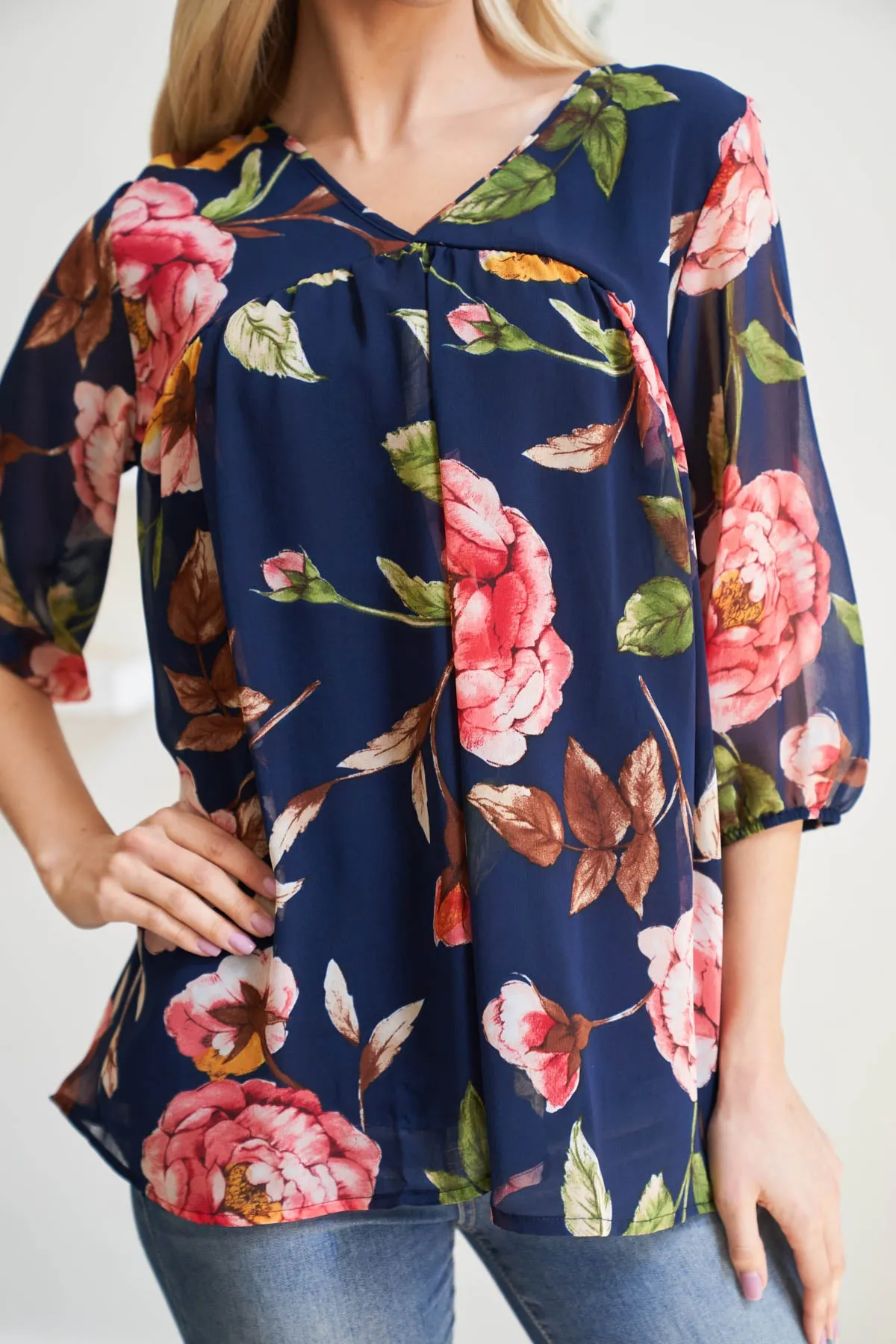 Quarter Puff Sleeves Bold Floral Top with Inside Lining