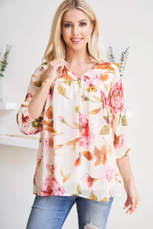Quarter Puff Sleeves Bold Floral Top with Inside Lining