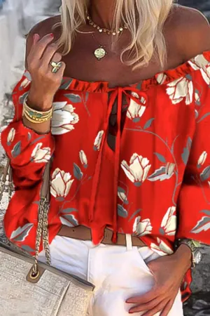 Red Floral Off Shoulder Lace Up Top 5/3/24 8519