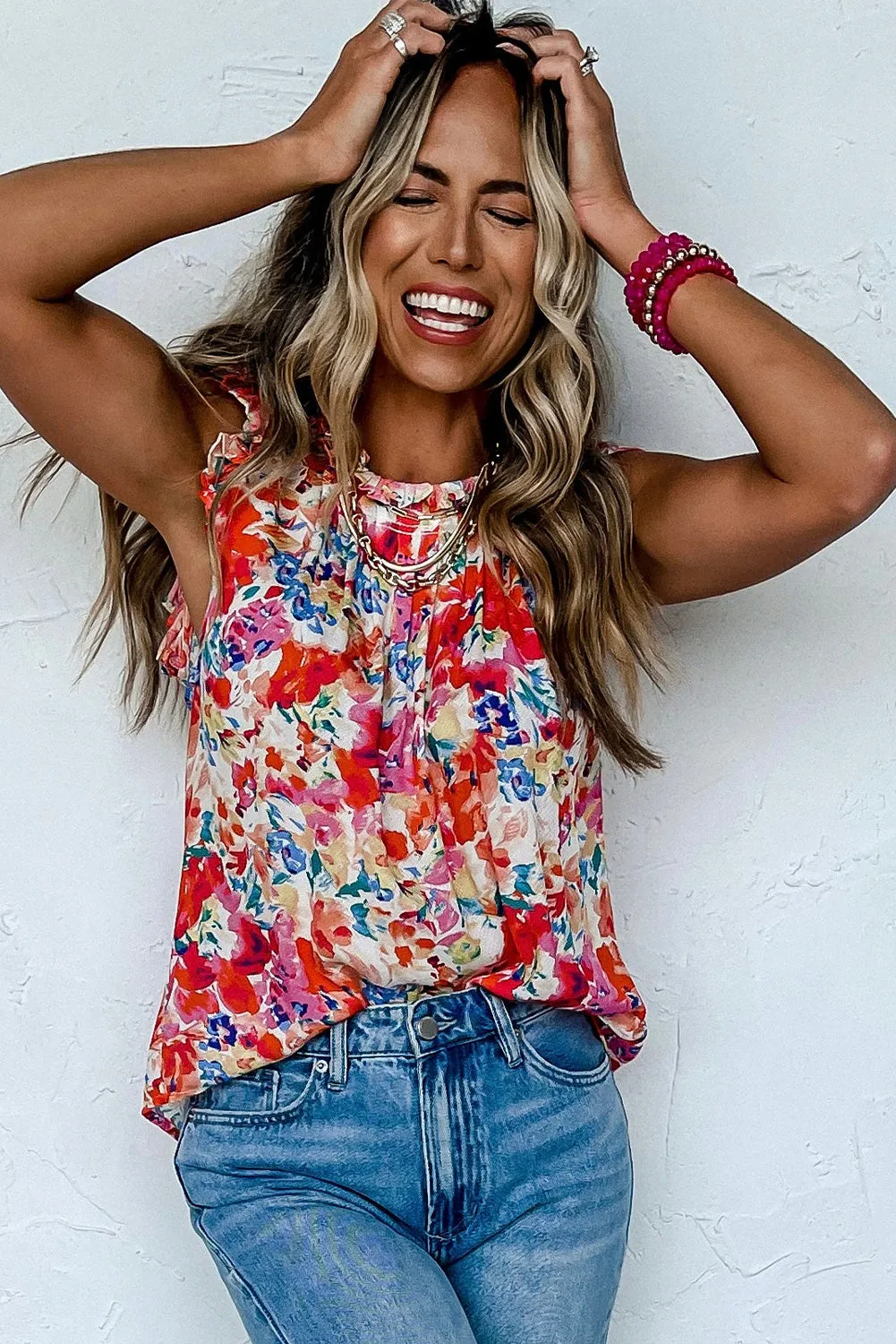 Red Frill Pleated Floral Tank Top