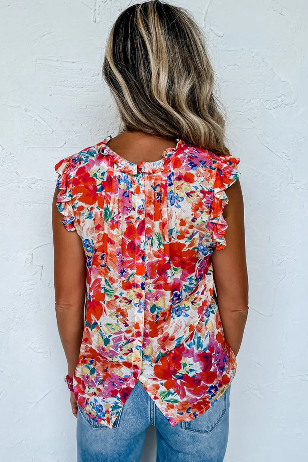 Red Frill Pleated Floral Tank Top