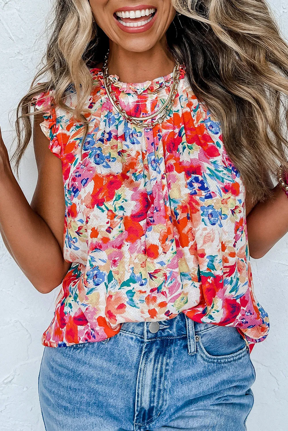 Red Frill Pleated Floral Tank Top