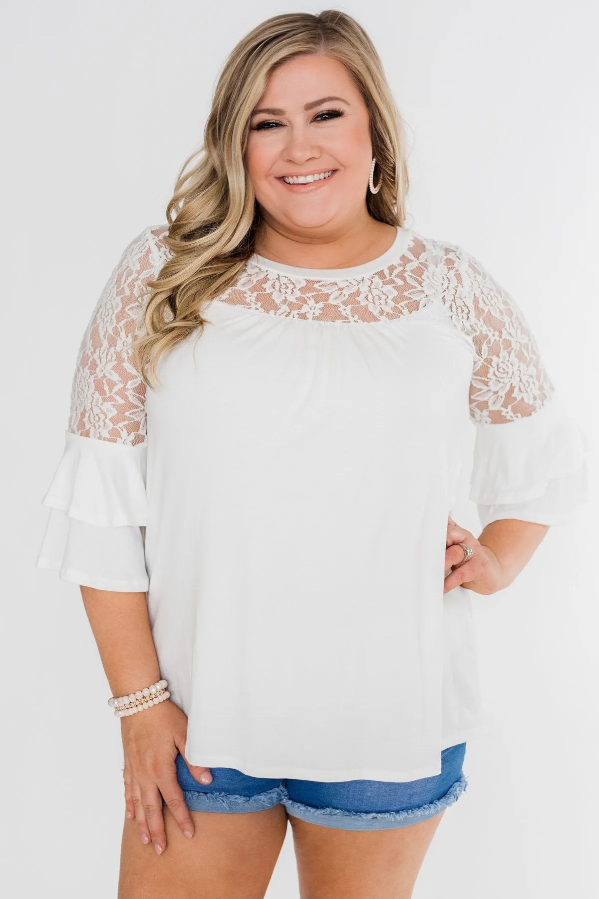 Right Beside Me Lace & Ruffles Top- Ivory