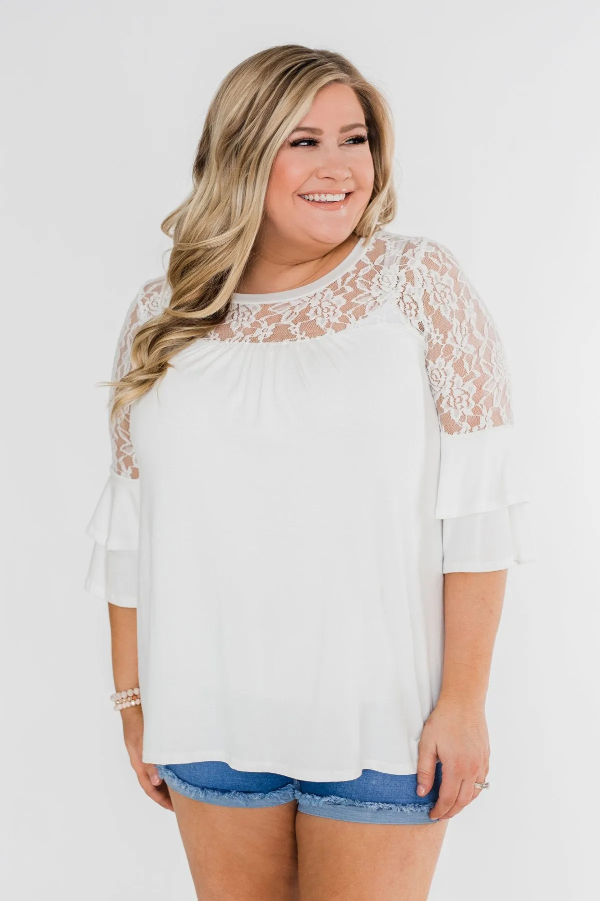 Right Beside Me Lace & Ruffles Top- Ivory