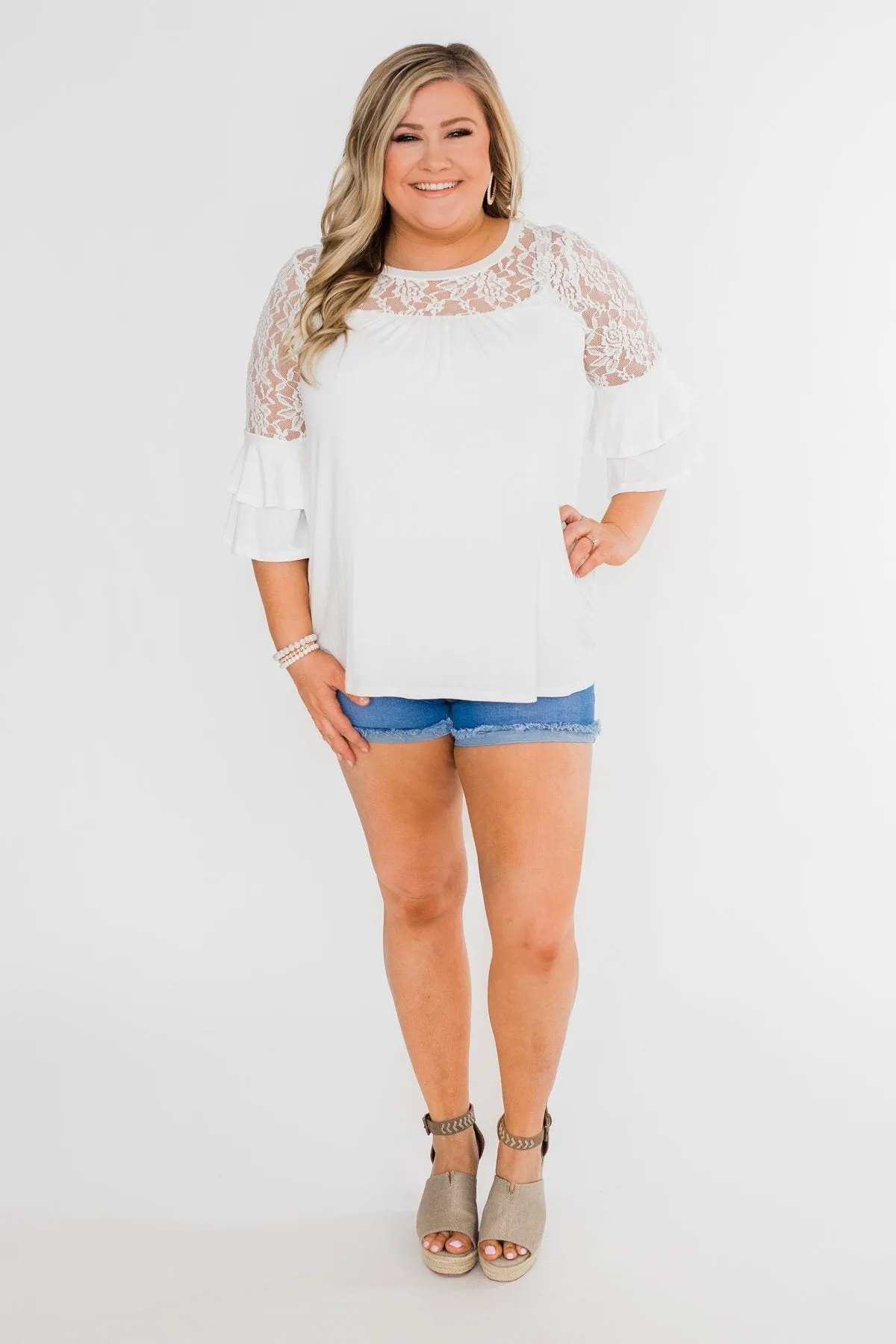 Right Beside Me Lace & Ruffles Top- Ivory