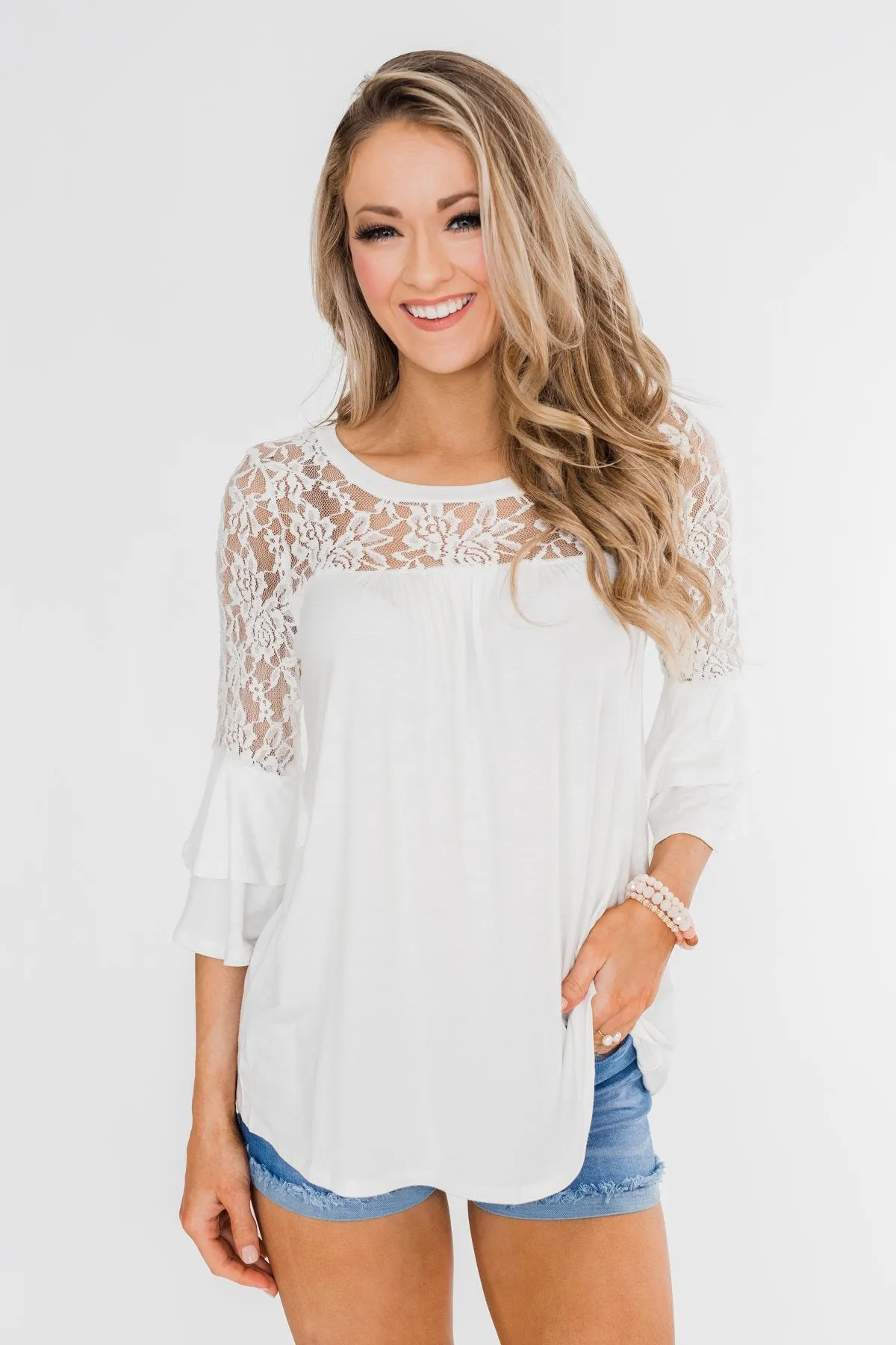 Right Beside Me Lace & Ruffles Top- Ivory