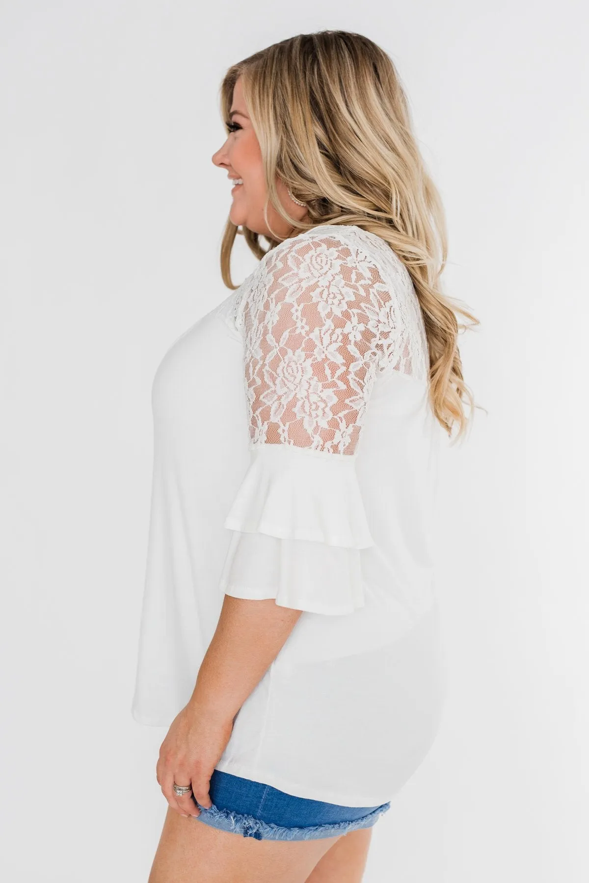 Right Beside Me Lace & Ruffles Top- Ivory