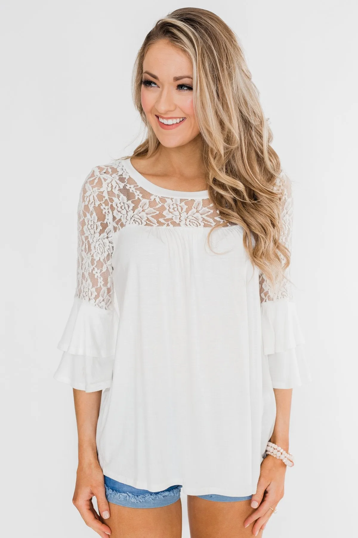 Right Beside Me Lace & Ruffles Top- Ivory