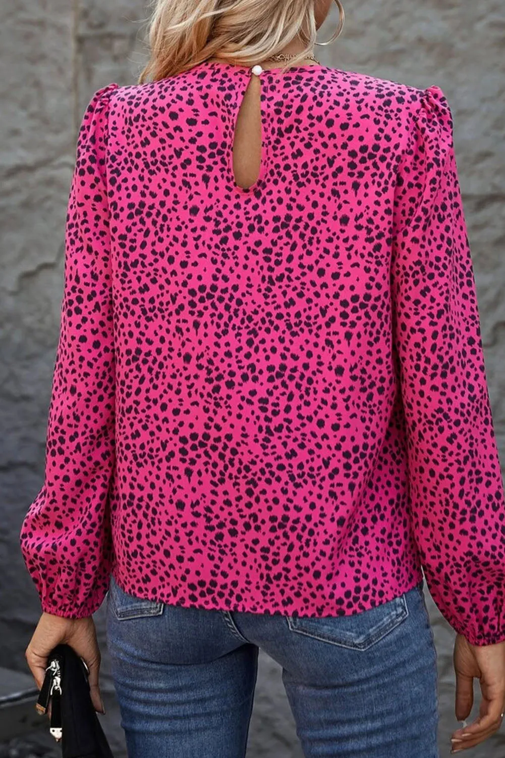 Rose Leopard Long Sleeve Pleated Blouse