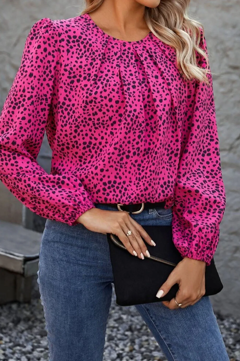 Rose Leopard Long Sleeve Pleated Blouse