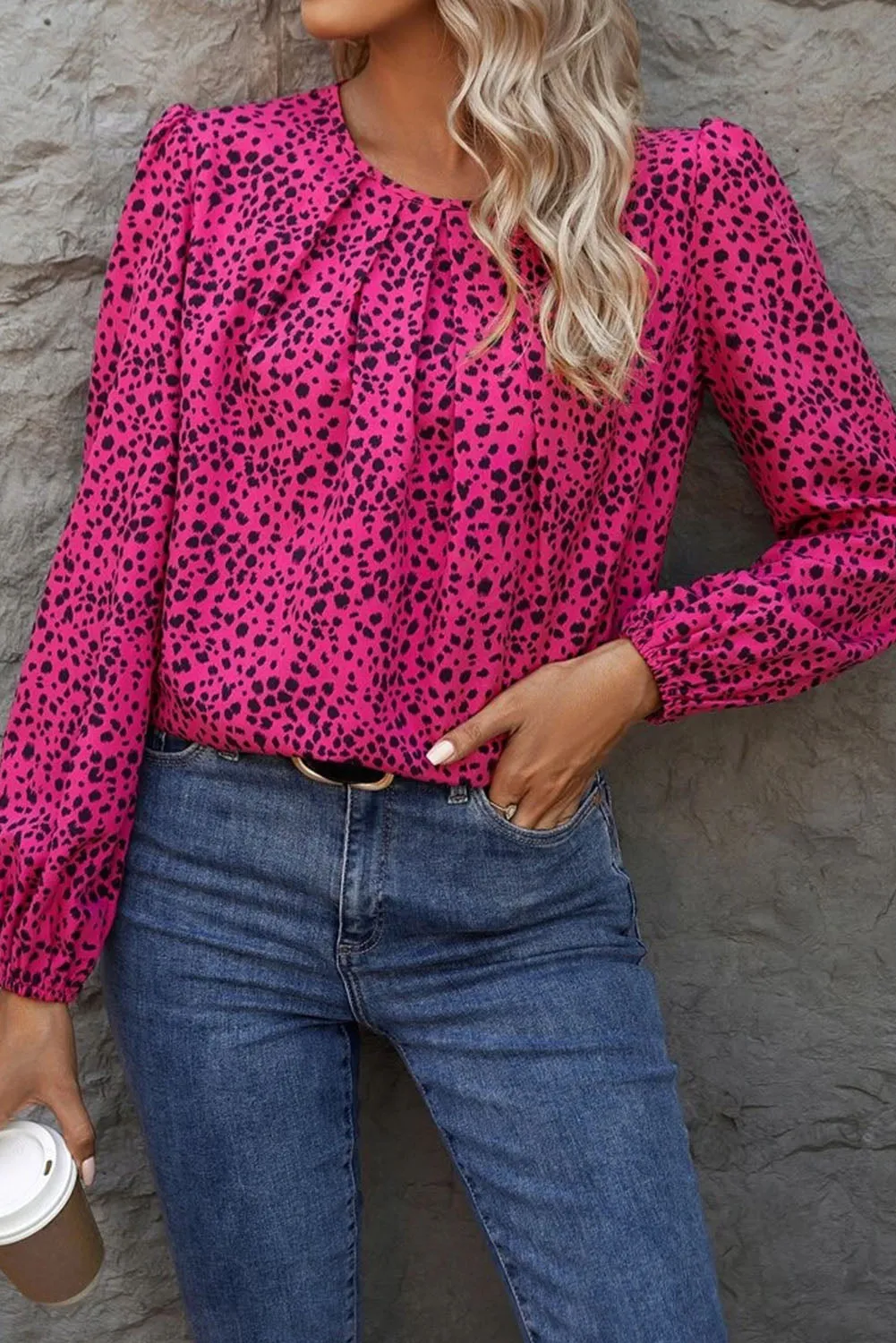 Rose Leopard Long Sleeve Pleated Blouse
