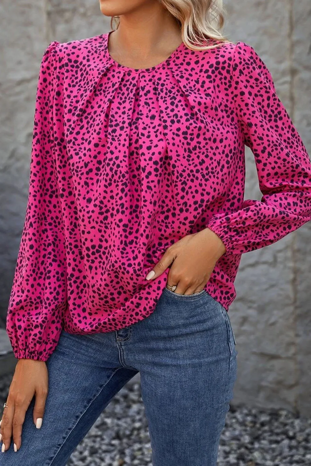 Rose Leopard Long Sleeve Pleated Blouse