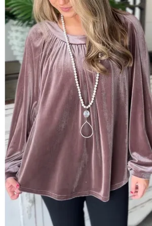 Rose Velvet Pleated Keyhole Back Bubble Sleeve Top
