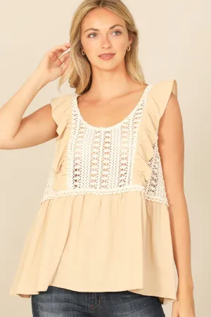 RUFFLE SLEEVELESS LACE FRONT DETAIL PLEATED WAIST TOP