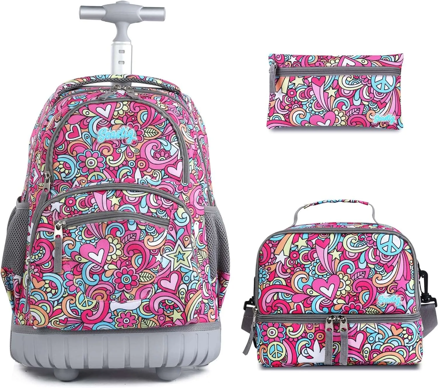 seastig Red Flower Rolling Backpack 16 inch with Lunch Bag & Pencil Case Set