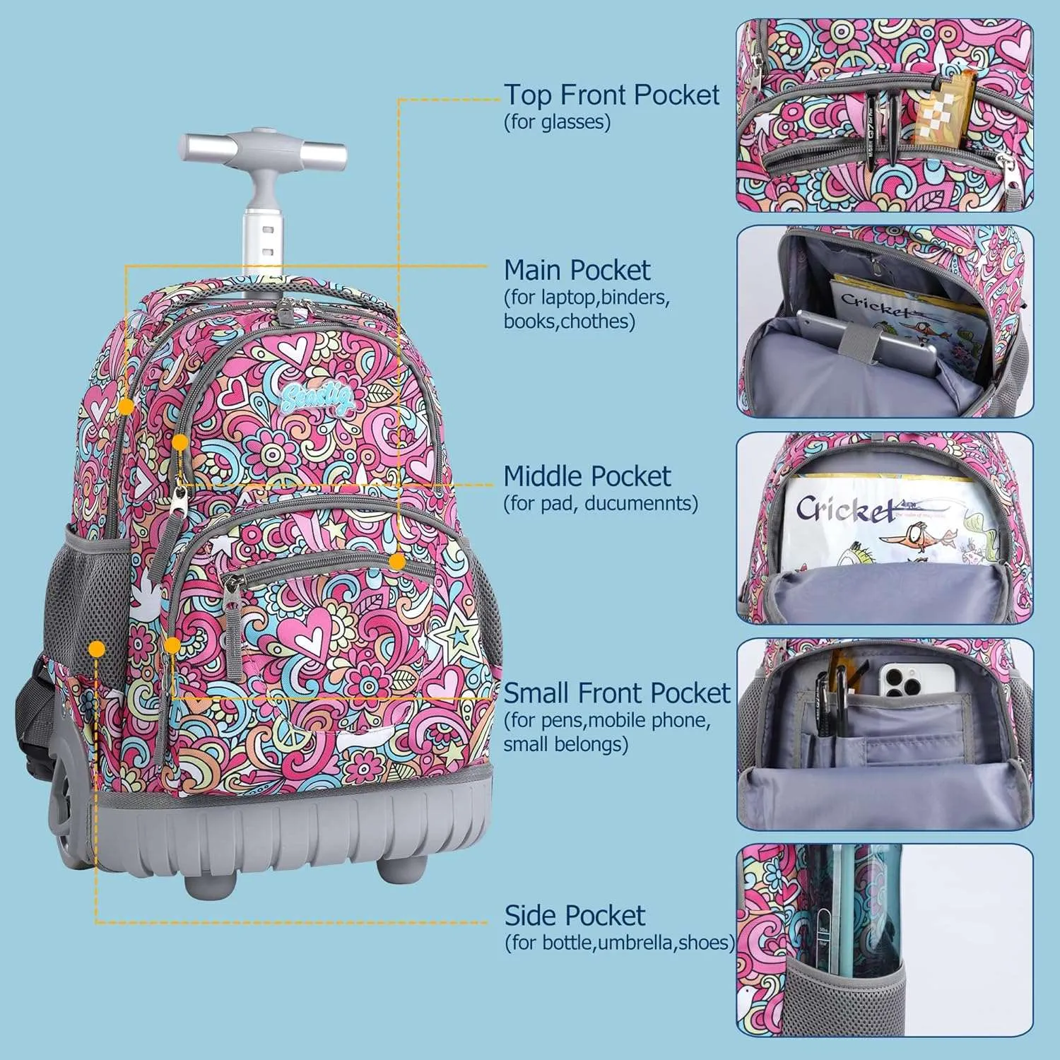 seastig Red Flower Rolling Backpack 16 inch with Lunch Bag & Pencil Case Set