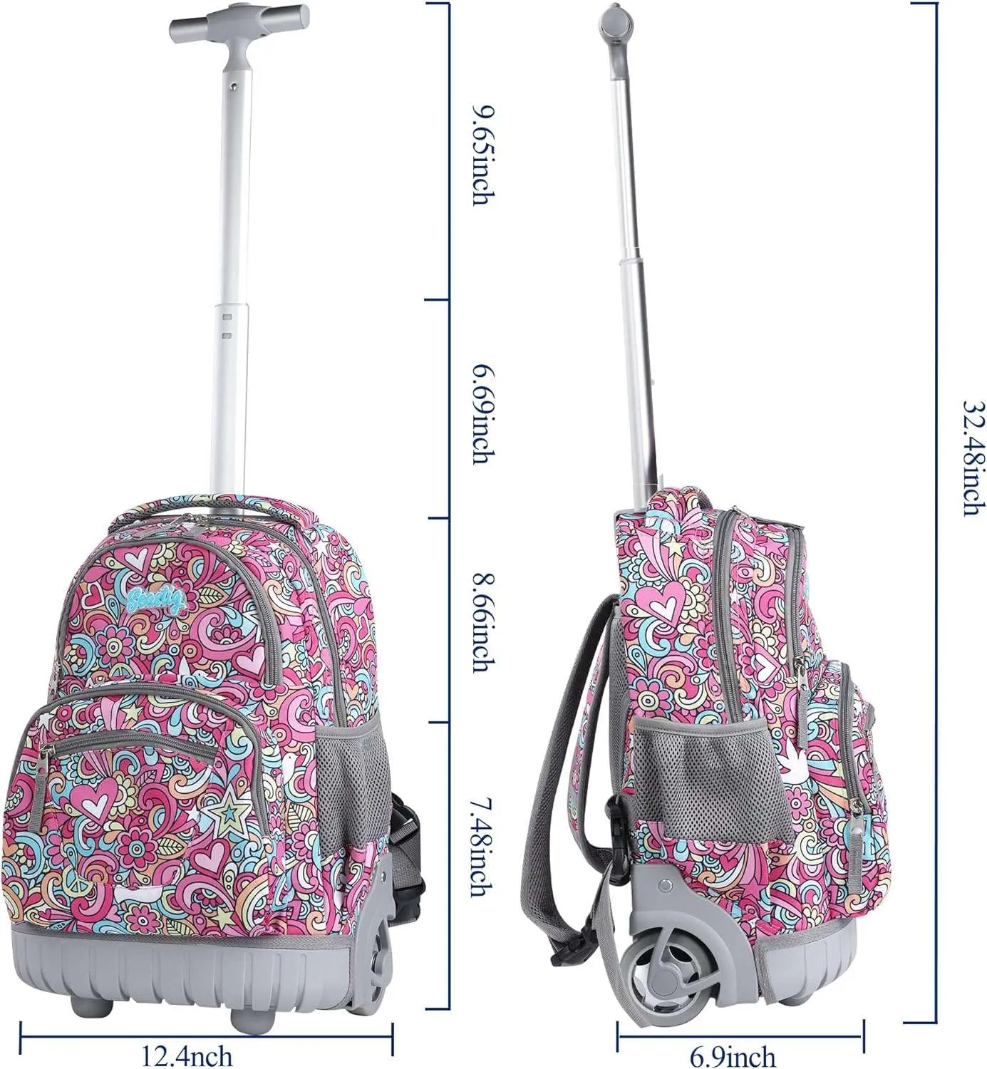seastig Red Flower Rolling Backpack 16 inch with Lunch Bag & Pencil Case Set