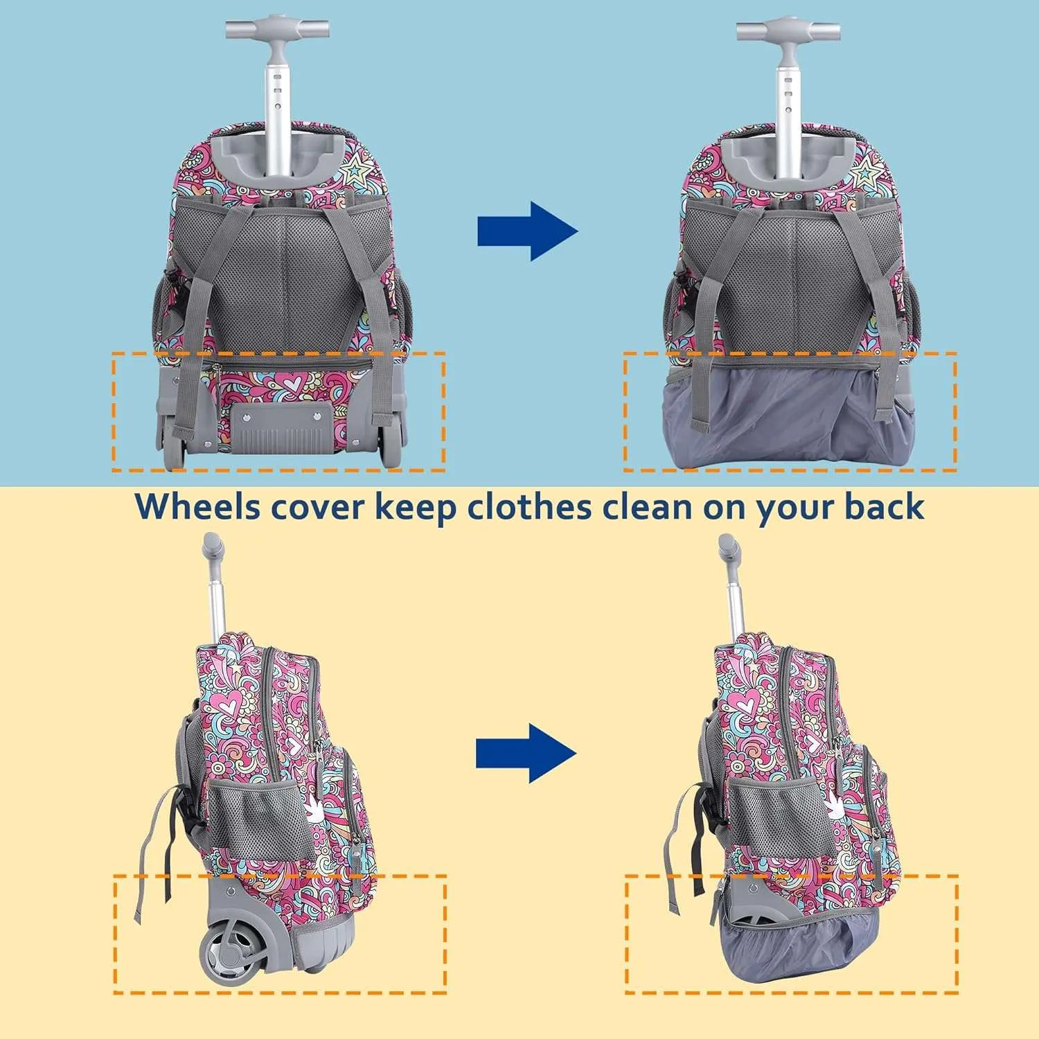 seastig Red Flower Rolling Backpack 16 inch with Lunch Bag & Pencil Case Set