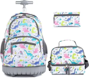 seastig White Dinosaur Rolling Backpack 16 inch with Lunch Bag & Pencil Case Set