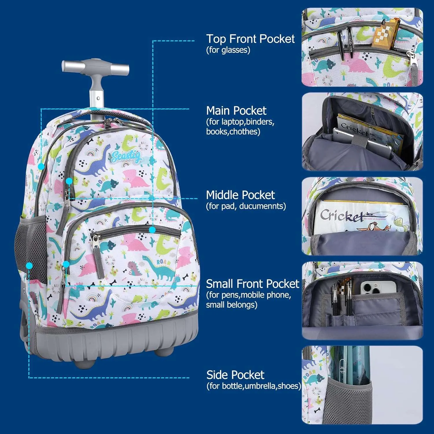 seastig White Dinosaur Rolling Backpack 16 inch with Lunch Bag & Pencil Case Set