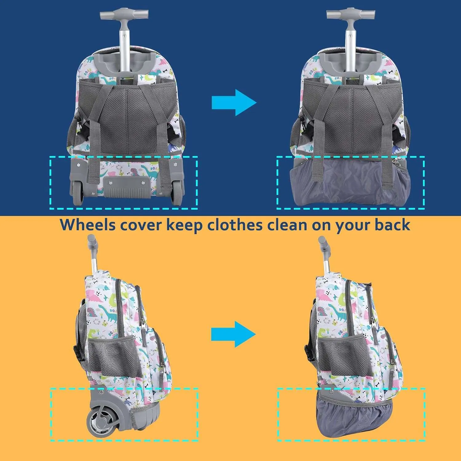 seastig White Dinosaur Rolling Backpack 16 inch with Lunch Bag & Pencil Case Set