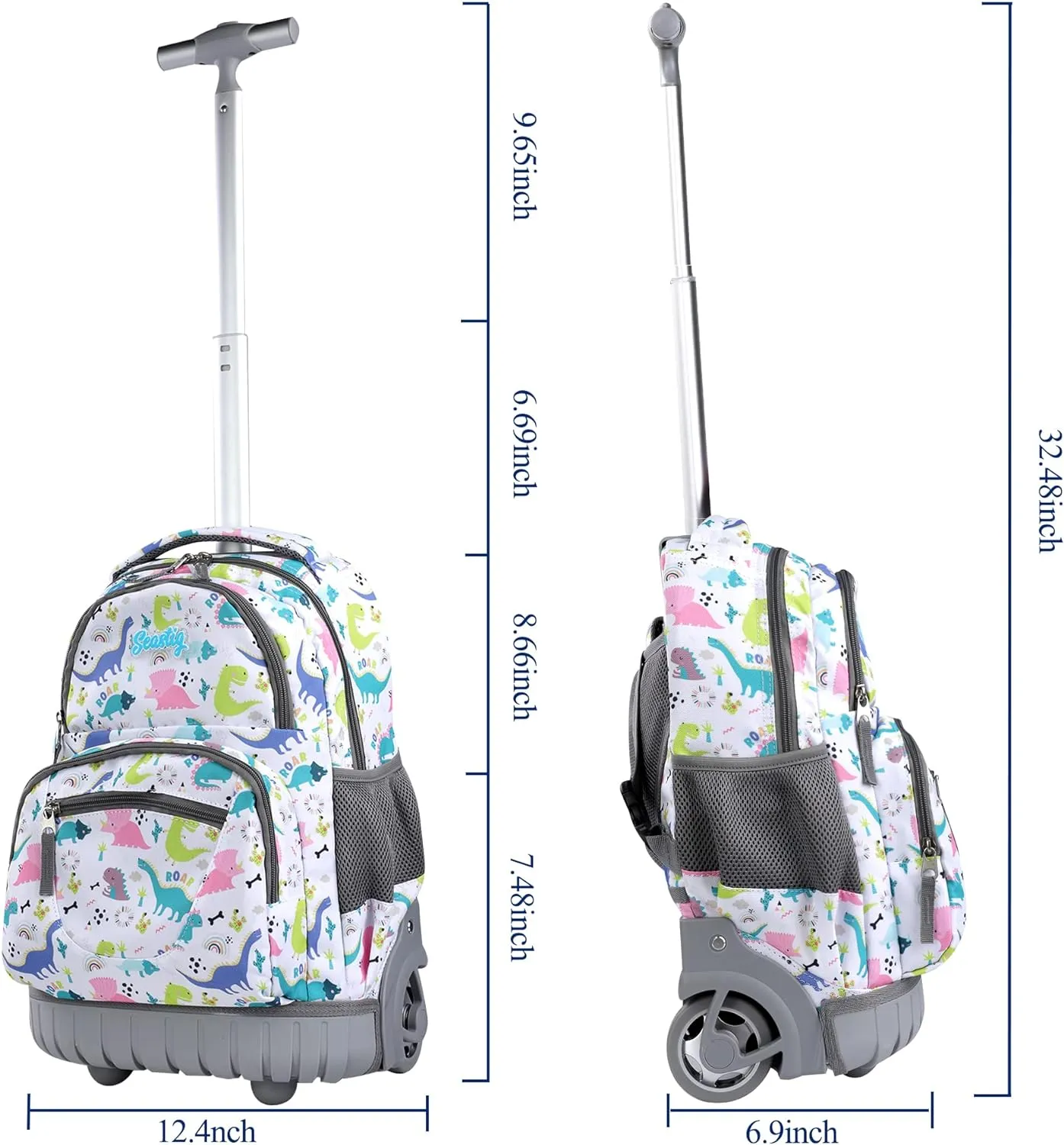 seastig White Dinosaur Rolling Backpack 16 inch with Lunch Bag & Pencil Case Set