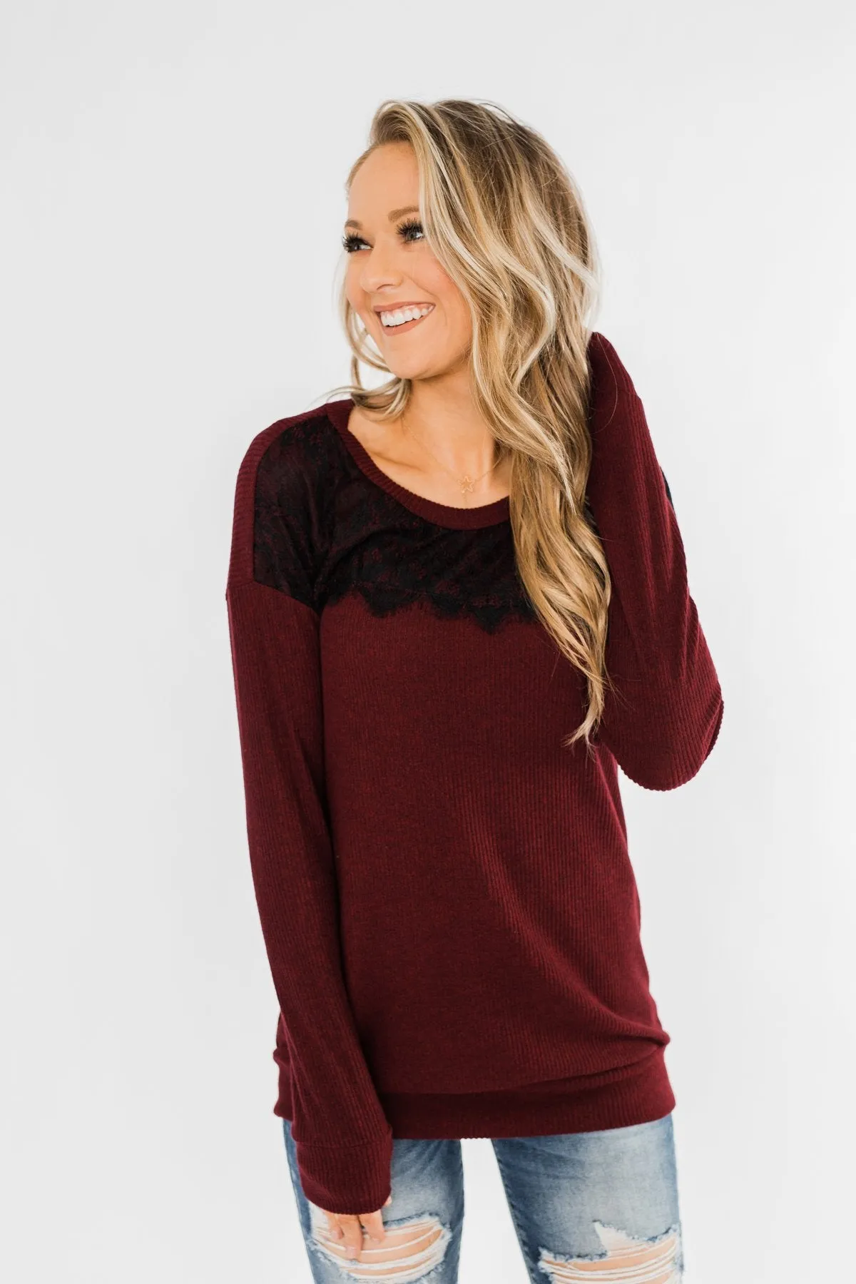 Show Stopper Black Lace Top- Burgundy