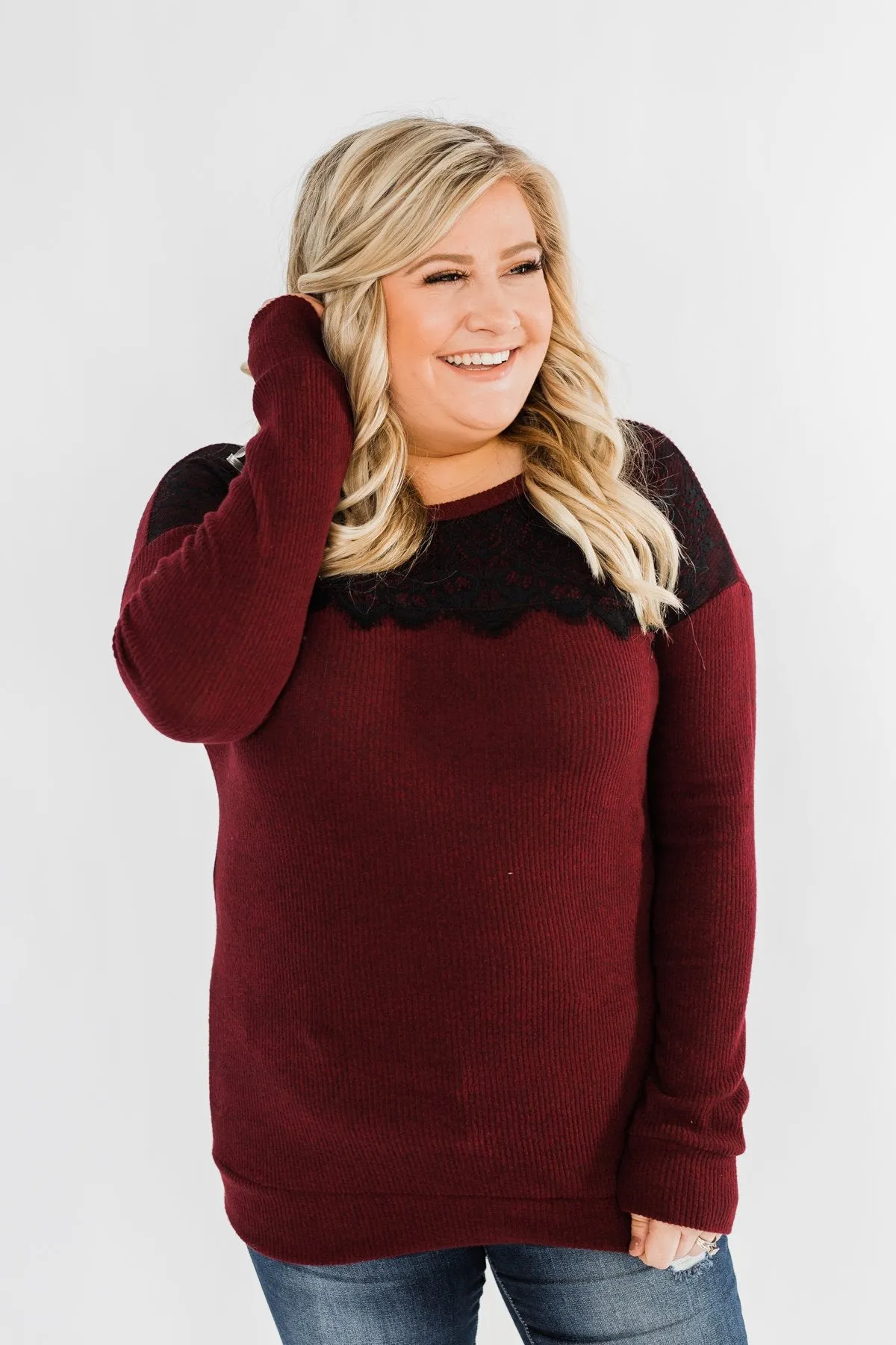 Show Stopper Black Lace Top- Burgundy