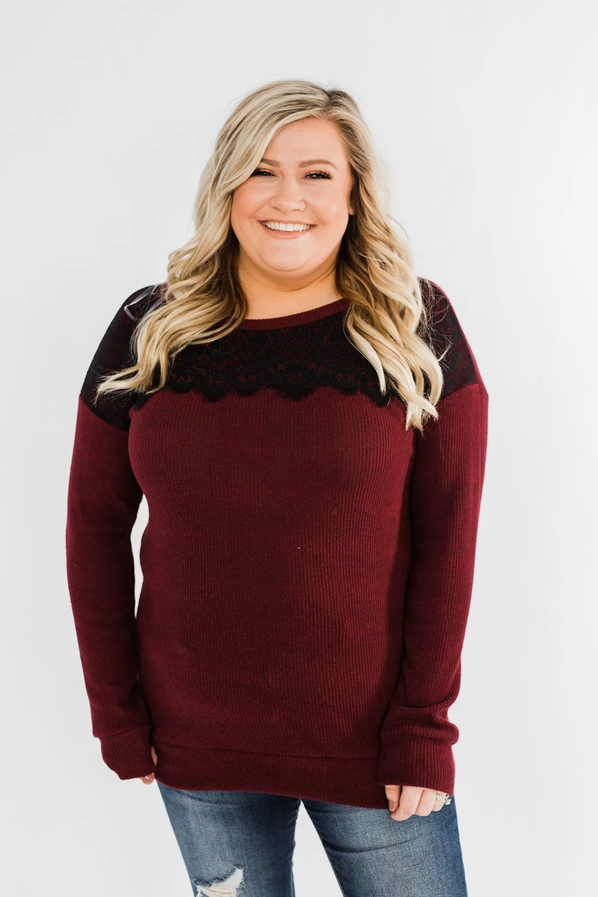 Show Stopper Black Lace Top- Burgundy