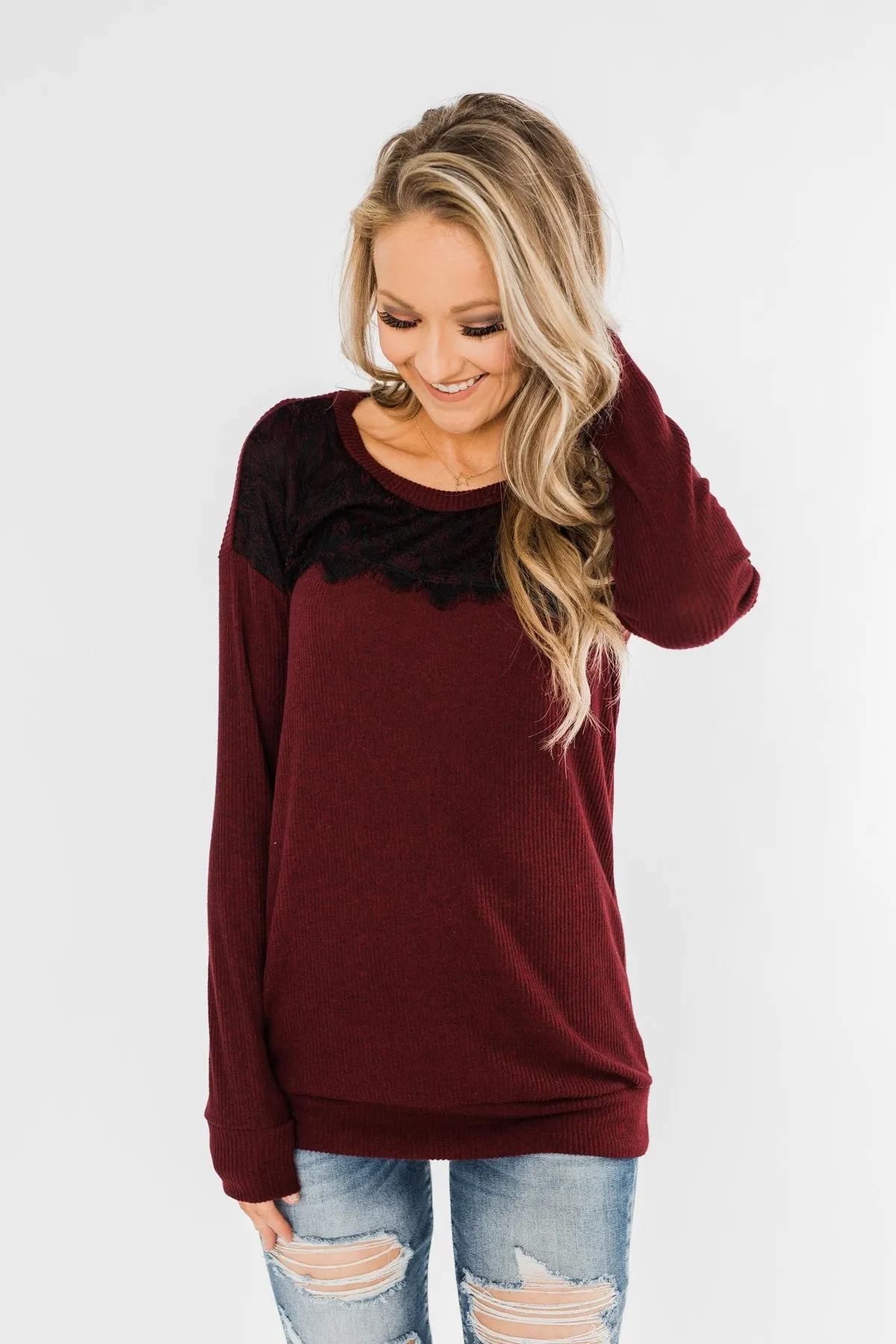 Show Stopper Black Lace Top- Burgundy