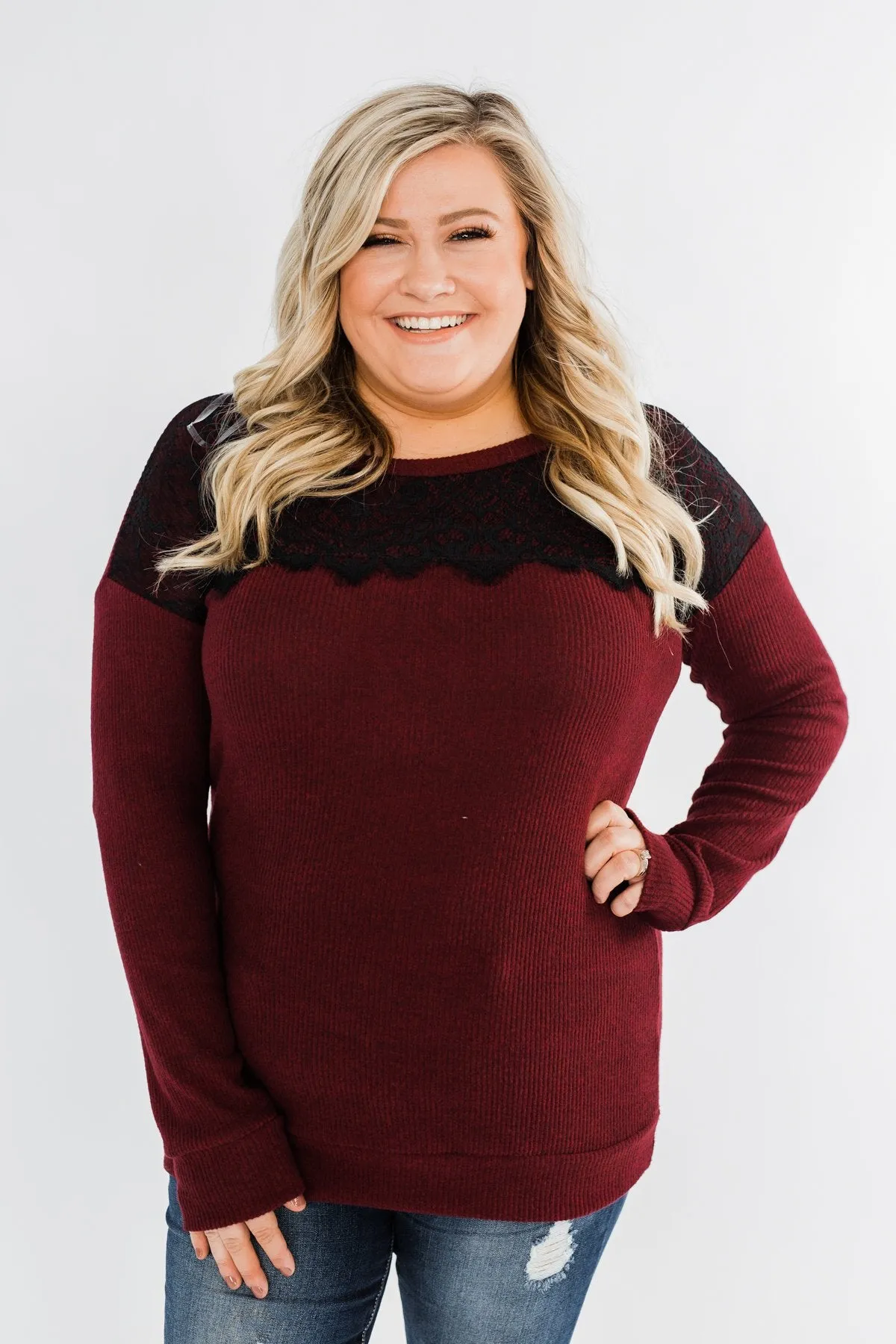 Show Stopper Black Lace Top- Burgundy