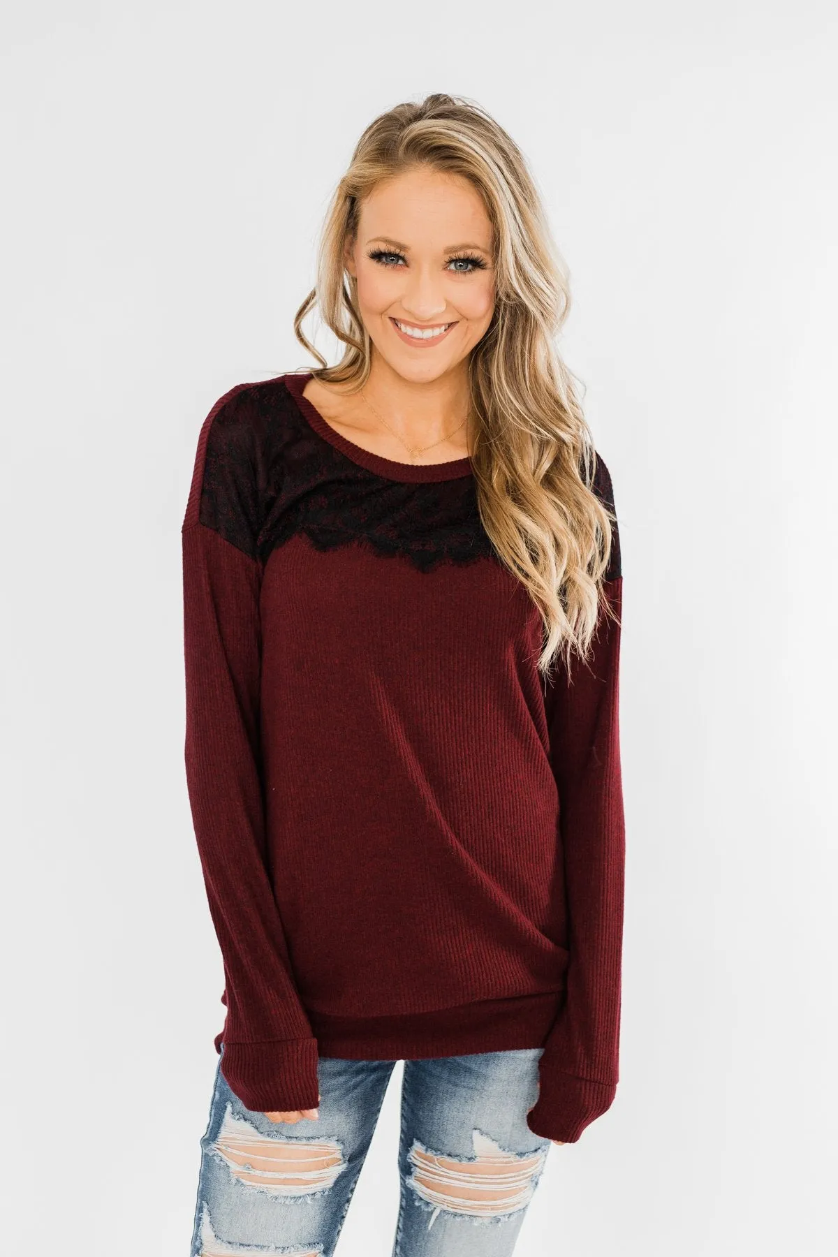 Show Stopper Black Lace Top- Burgundy