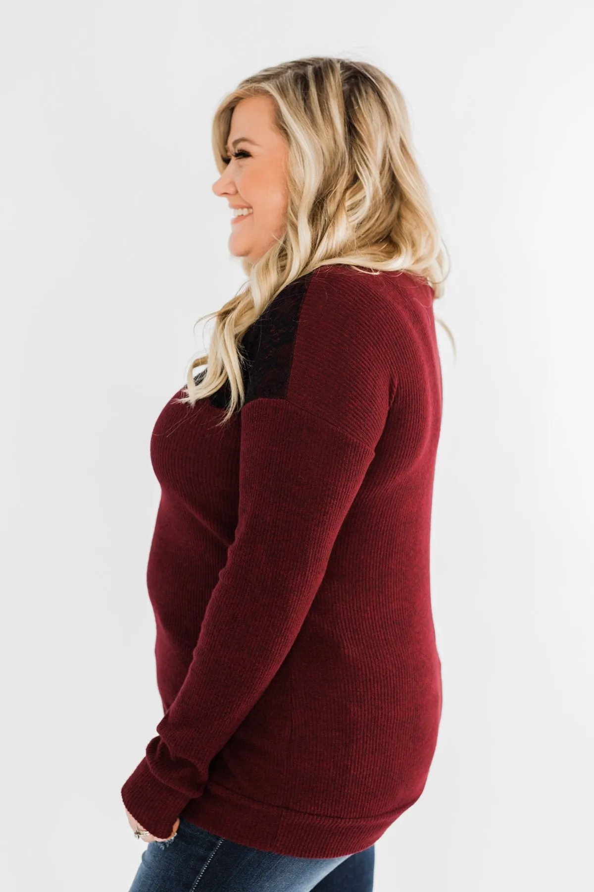 Show Stopper Black Lace Top- Burgundy