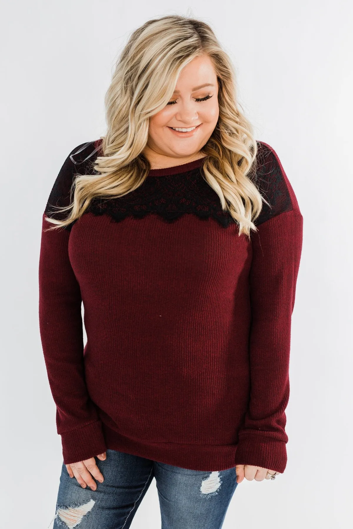 Show Stopper Black Lace Top- Burgundy