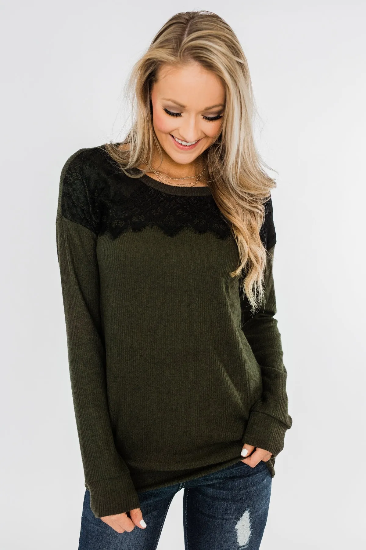 Show Stopper Black Lace Top- Dark Olive