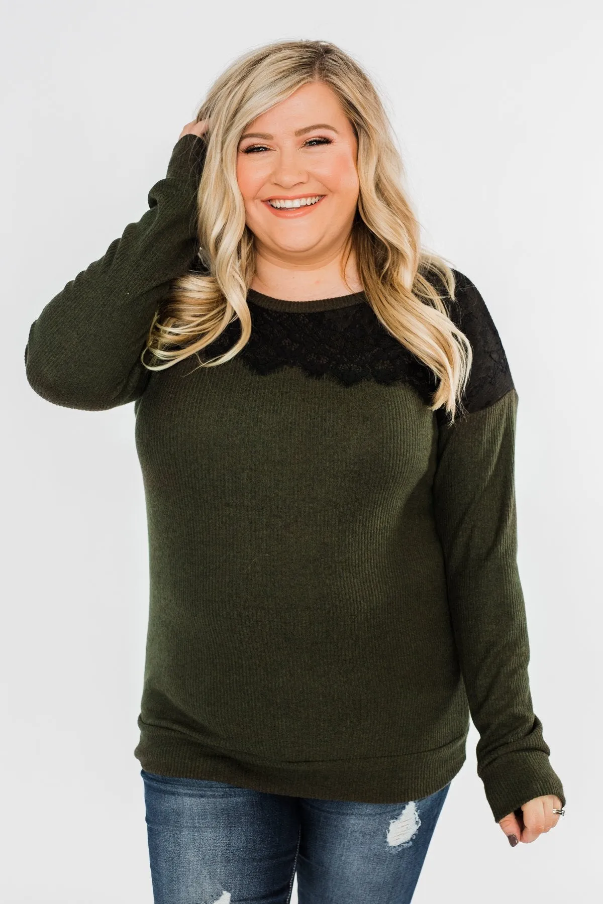 Show Stopper Black Lace Top- Dark Olive
