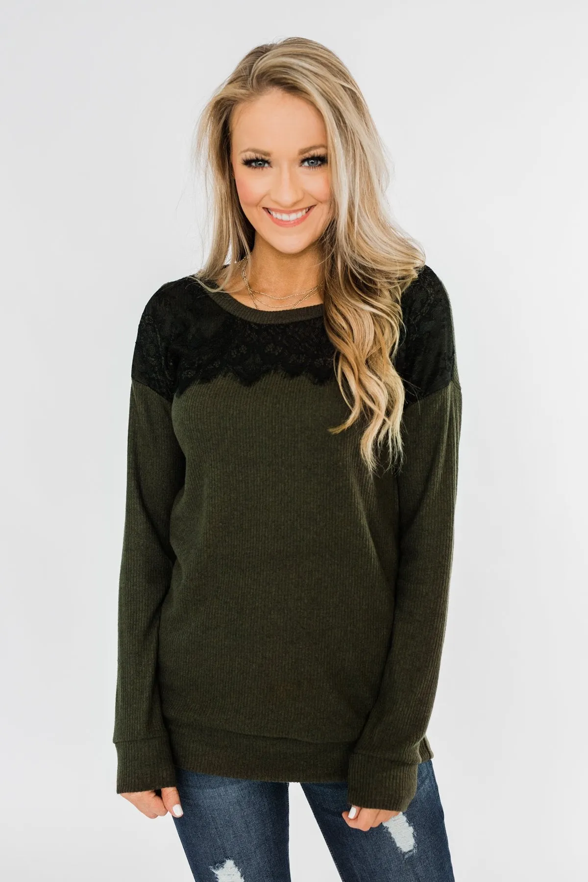 Show Stopper Black Lace Top- Dark Olive