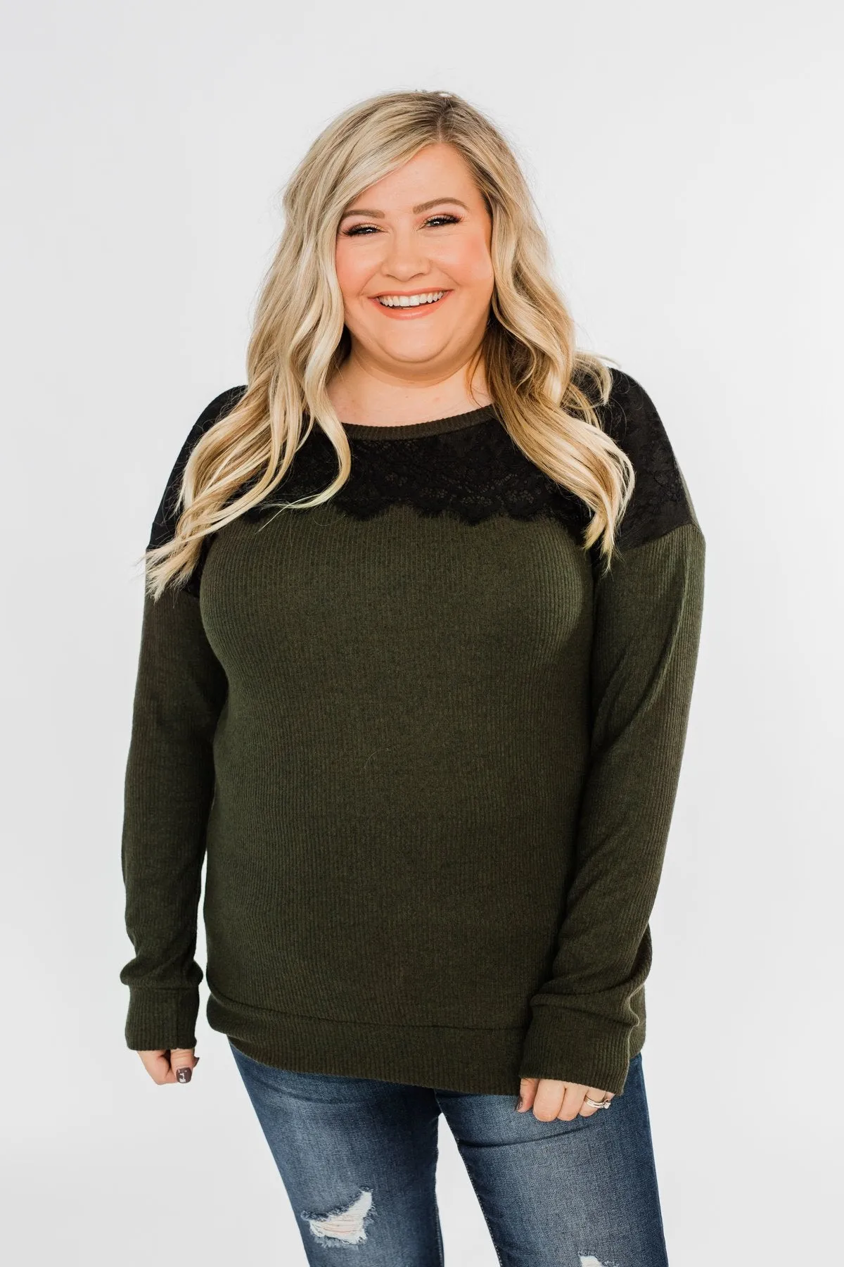 Show Stopper Black Lace Top- Dark Olive