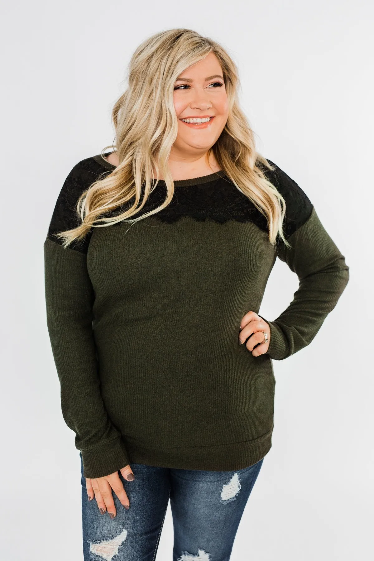 Show Stopper Black Lace Top- Dark Olive